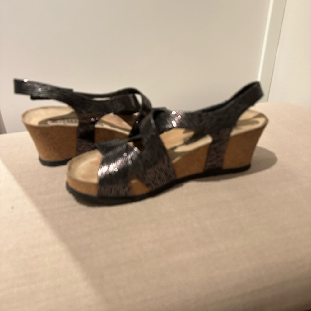 Mephisto Black Wedge Shoes with Polished Straps